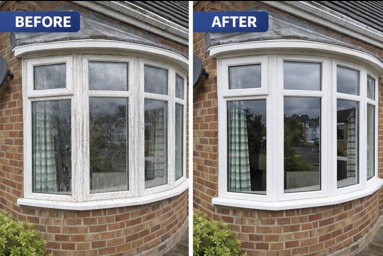 Bay window cleaning before and after in Lowestoft